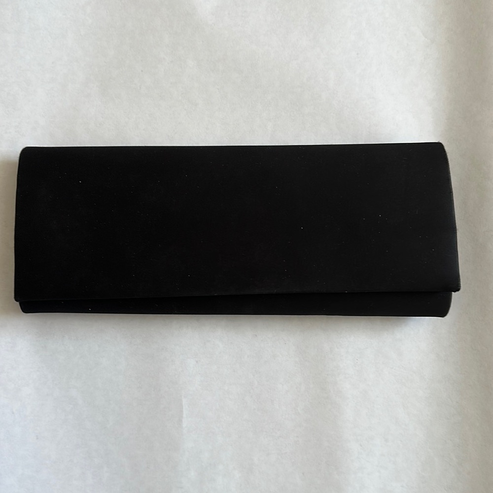 BCBG black satin clutch